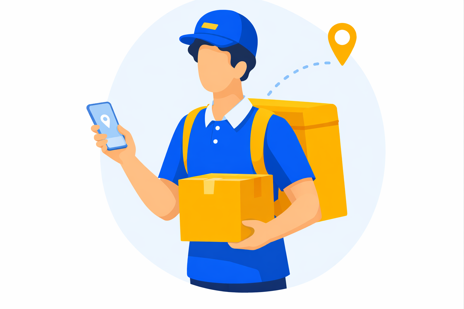 Un coursier OneCall, colis en main et téléphone ouvert sur la position de livraison.